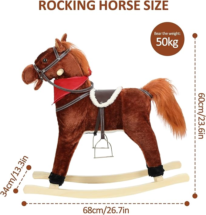Rocking Horse Toy for Kids Plush Ride on Animal with Wooden Rockers, Moving Mouth and Wagging Tail, Musical Sounds, Baby Rocking Chair, 120kg Weight Capacity, Ages 1-6 Dark Brown Small