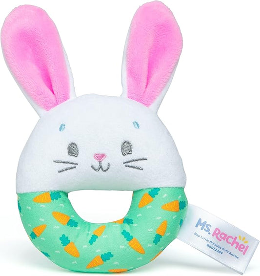 Ms. Rachel Official Hop Little Bunnies Soft Rattle, Baby Teething Toys with Plush Bunny Cover, Toddler Toys for Girls & Boys, Ages 3 Months to 1+
