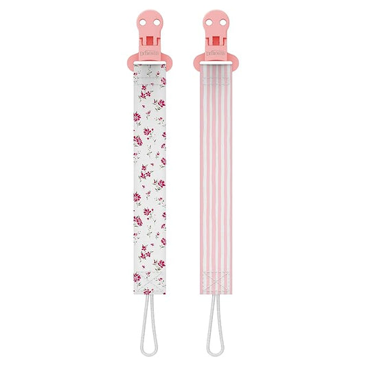 Dr. Brown's Pacifier Clips, Universal Fit Fabric Strap for Pacifiers, Flowers and Stripes, BPA-Free, 0-18 Months, 2-Pack