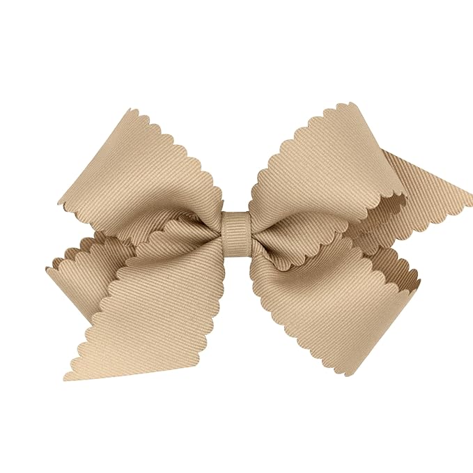 Wee Ones Girls' Classic Grosgrain Hair Bow with Scalloped Edges, No-Slip Hair Clip, Handmade, Oatmeal, Medium