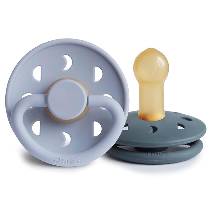 FRIGG Moon Natural Rubber Baby Pacifier | Made in Denmark | BPA-Free (Powder Blue/Slate, 6-18 Months) 2-Pack