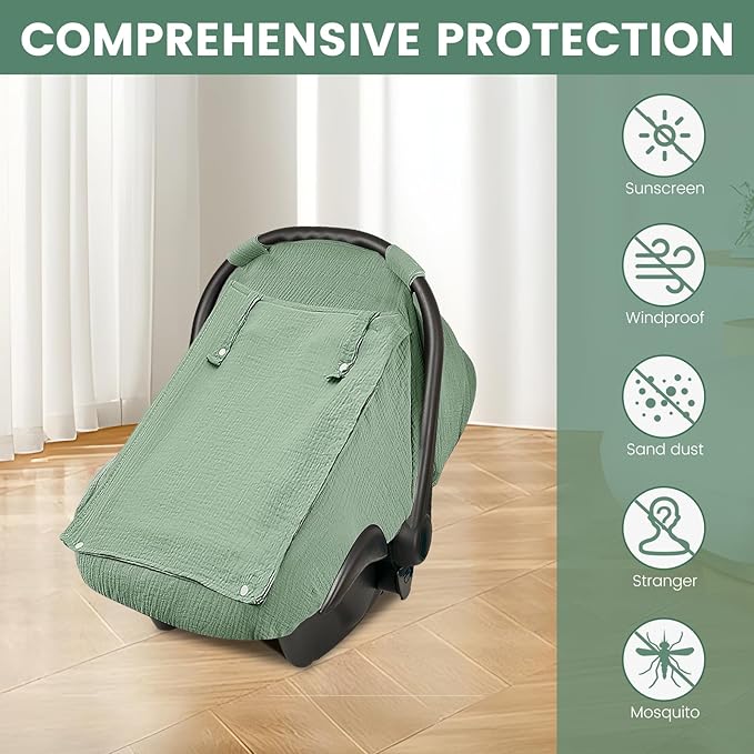 Baby Car Seat Cover, Infant Car Seat Cover for Boys Girls, Extra Large Mesh Window, Breathable Muslin Cotton, Lightweight Infant Windproof Carrier Canopy for Sun, Bug and Comfort Protection