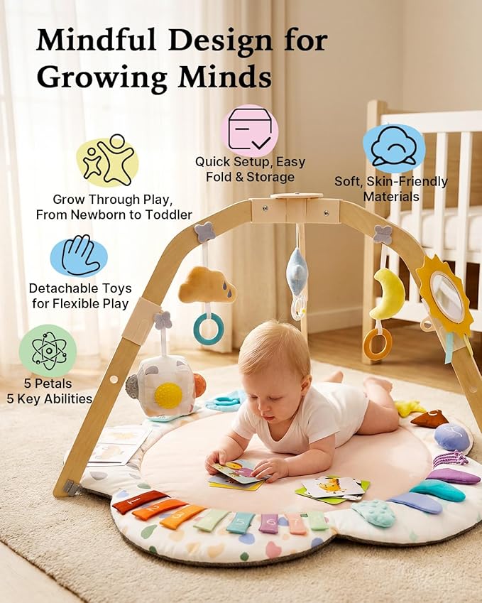 BubblePanda Baby Play Gym & Play Mat with Wooden Frame, Tummy Time Mat with Developmental Activity Zones & Detachable Sensory Toys for Motor Skills & Sensory Development for Baby Toddler