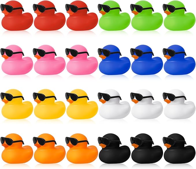 24 Set Mini Rubber Ducks with Sunglasses, Tiny Bath Rubber Ducks Bulk for Car Dashboard Decorations Cruise Birthday Party Favors (Multicolor)