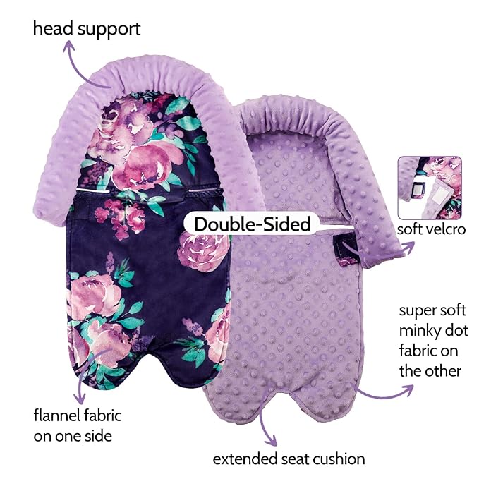 Baby Car Seat Head Support for Girls, Infant Carseat Insert Super Soft Fleece Newborn Headrest Seatbelt Covers for Car Seat, Stroller, Bouncer, Purple Flower