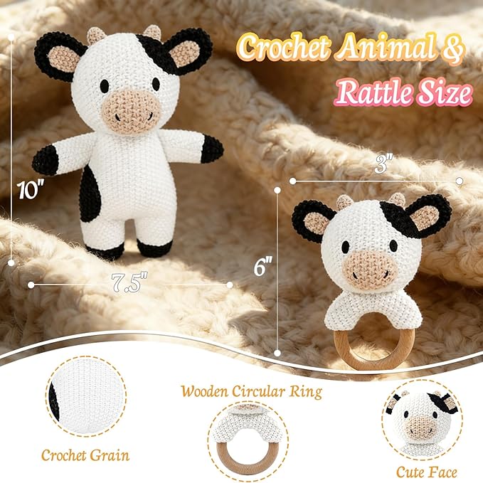 10" Handmade Crochet Cow Stuffed Animal, Baby-Safe Cotton Plush with Rattle, Hypoallergenic Toy for Newborns 0-12 Months, Ideal Baby Shower & 1st Birthday Gift