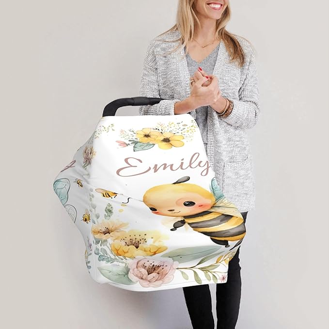 Personalized Bee Baby Car Seat Cover with Name,Multi-Use Canopy for Nursing, Strollers,Shopping Carts,Customized Breastfeeding Cover, Full Privacy,Infant Stroller Cover