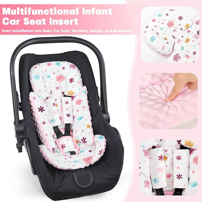 Pea Pod Infant Car Seat Insert with 3 Strap Covers, Reversible Baby Car Seat Head and Body Support, Minky Dot Newborn Carseat Insert for Preemie (Pink Floral)