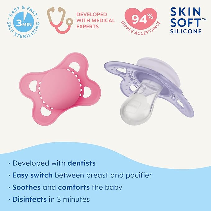 Original + Night 4-Pack, 0-6M Girl Baby Pacifiers (2pk) + Sterilizer Case