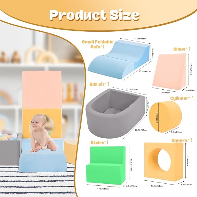 MIND&ACTION Toddler Climbing Toys Indoor, Baby Foam Climbing Blocks with Ball Pit for 1-3 Years Old, 6-Piece Soft Play Set Climbing Blocks, Climb Crawl Activity, Birthday (Balls not Included)