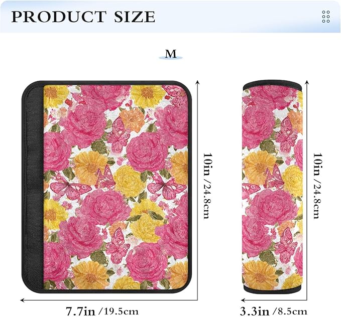2 Pack Seatbelt Covers Seat Belt Cover Pad for Adults Boys Girls Car Seat Strap Covers Pads Cushion Universal Shoulder Strap Pad Protector for Backpack Camera Bag 10x7.7Inch Roses Bloom and Butterflie