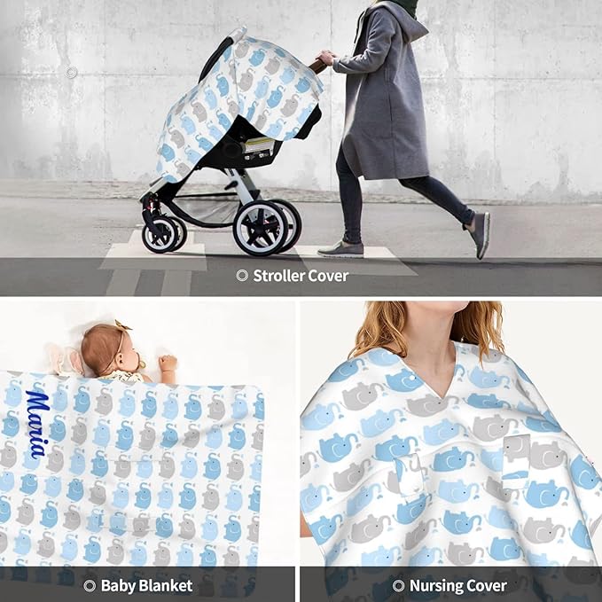 Personalized Cute Baby Elephant Baby Car Seat Canopy for Babies with Name, Car Seat Covers for Boys Girls, Peekaboo Opening Minky Nursing Breastfeeding Cover Infant Stroller Canopies for Newborn