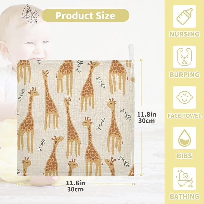 vvfelixl Baby Muslin Washcloths Giraffe Safari Print Baby Burp Cloths Cotton Baby Face Towel for Newborn Infants Boys Girls Soft and Absorbent 11.8 X 11.8In, 3 Pack