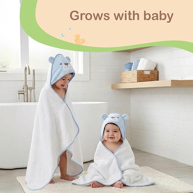 Mother's Choice 100% Organic Cotton Hooded Toddler Towels – Large Cotton, Ultra-Soft & Absorbent Baby Towels for Newborns, Infants, Toddlers, Boys & Girls with Animal Hood (Blue Bear)
