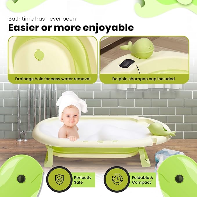 Collapsible Baby Bathtub with Thermometer - Infant Bathtub with Drainage Hole - Baby Bathtub Newborn to Toddler 0-36 Months - Portable - Green