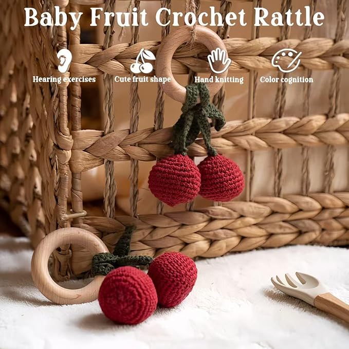 Wooden Baby Rattle Toys Stuffed Crochet Rattle with Teether Ring for Newborn Babies Fruit Wooden Teether Toy Infant Toddler Handcrafted Crochet Rattles Cute Shower Gifts for Boy and Girls