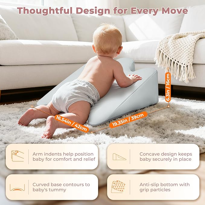 EKEPE 2026 Upgraded Nursing Reflux Prop with Leather Cover for Baby Gas, Colic Relief & Burp, Memory Foam Tummy Time Prop for Infant 0-12 Months Feeding, Neck, Shoulder and Body Support - Grey