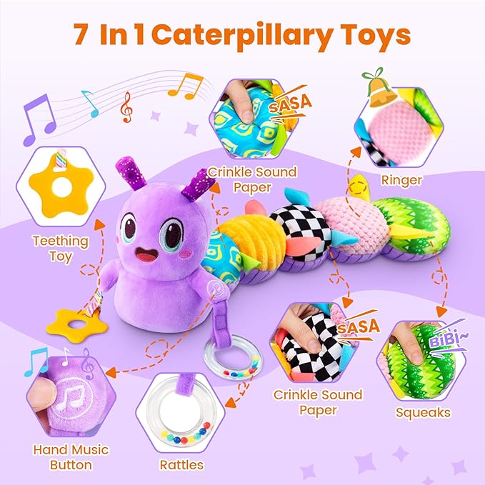 Baby Toys 0-6 Months, Washable Baby Musical Caterpillar Toys with 10 Kid's Song,Rattles,BabyTeething Toys,Suitable for 0-6, 6-12 Months Infant Tummy Time Toy,Newborn Baby Boy&Gril Scensory Gifts