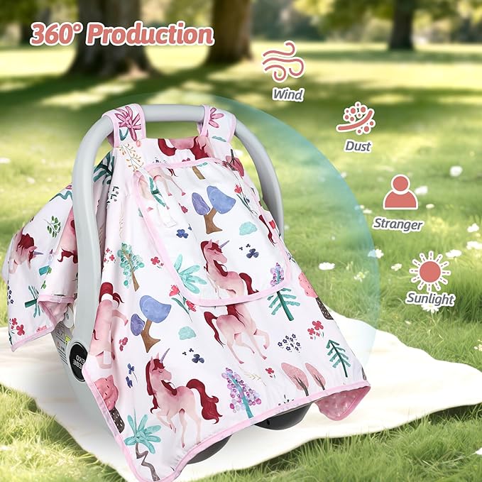 Car Seat Cover Baby,Man Fai Sky Infant Car Seat Covers Girl with Breathable Mesh Peep Window,Windproof and Peek-Proof Newborn Carrier Canopy for 4 Seasons,Pink