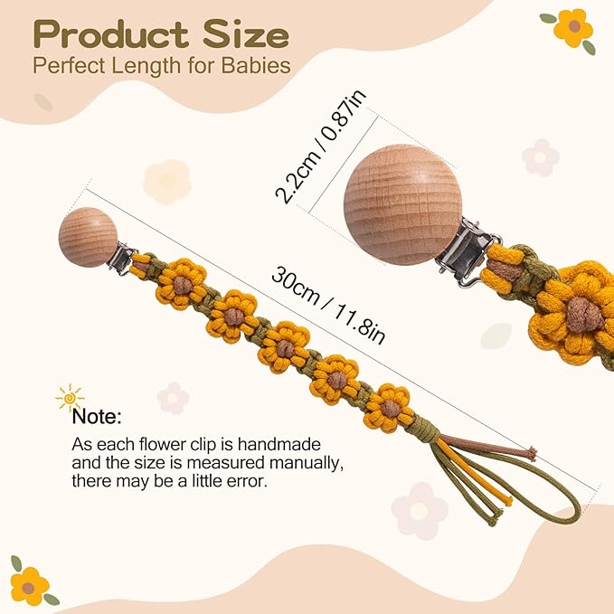 Pacifier Clip for Boys Girls Floral Daisy Macrame Paci Clip Pacifier Holder Leash Boho Wooden Clips Handmade Braided Cotton Unisex Baby Shower Birthday Gift