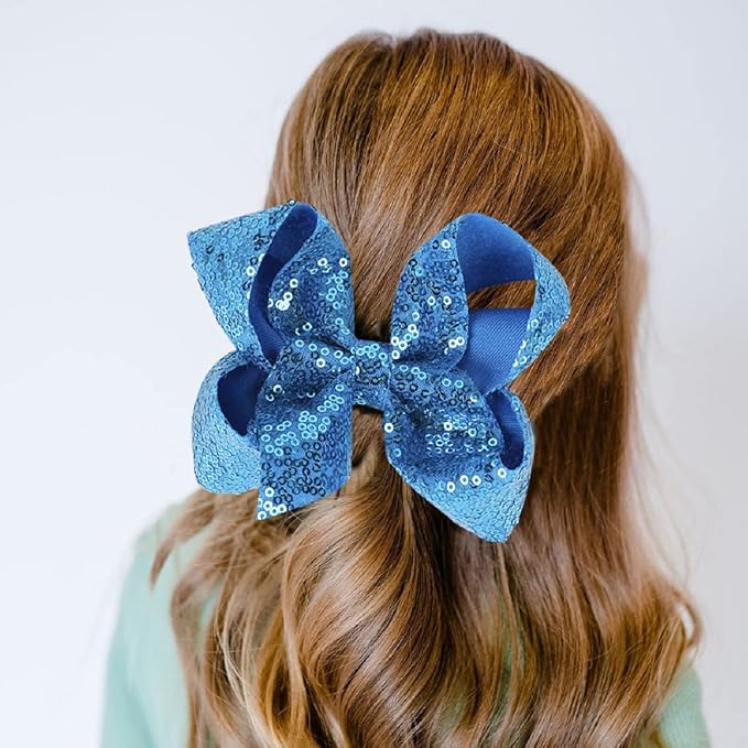 6 Inch Blue Sparkly Glitter Sequin Hair Bows for Girls Toddlers Kids Children Teenage (2PCS)