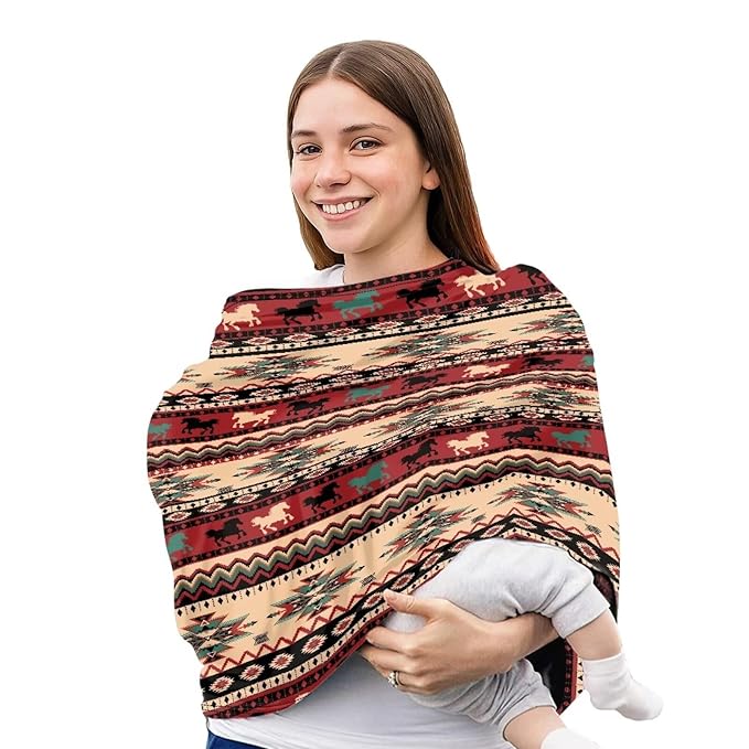 Native Running Horse Baby Stuff Car Seat Cover for Baby Carseat Covers for Girl Boy Stretchy Soft Breathable Breastfeeding Infant Car Seat Canopy Carrier Cover