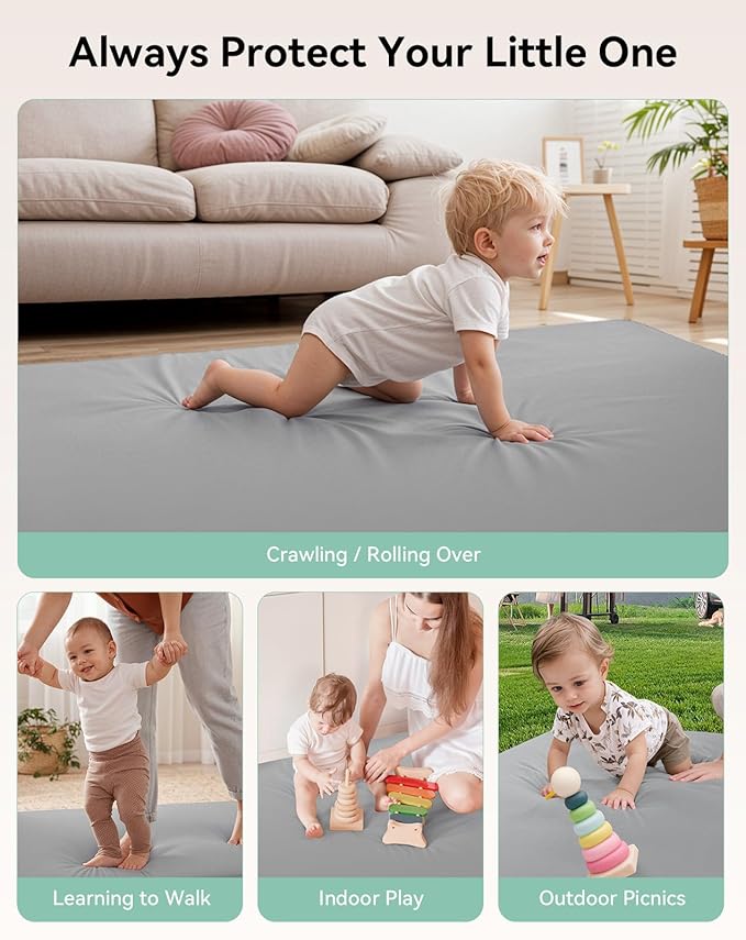 COMOMY Vegan Leather Baby Play Mats for Floor, 50 x 50 Play Mat for Playpen, Thickened High-Density Foam Playmats for Babies and Toddlers - Extra Soft and Resilient, Easy to Wipe Clean, Light Gray