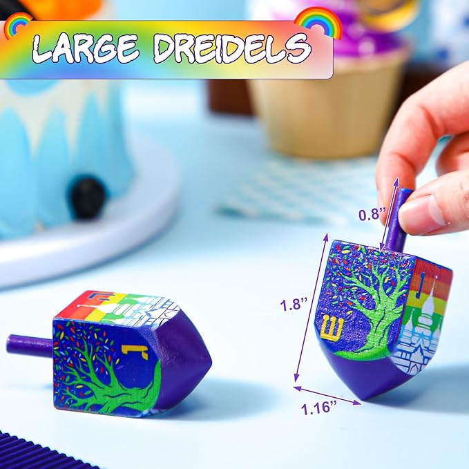 Wonderjune 2 Pcs Hanukkah Dreidels Extra Large Wooden Dreidel for Hanukkah Decoration with English Transliteration, Forever Spinning Tops Party Favors(Temples)