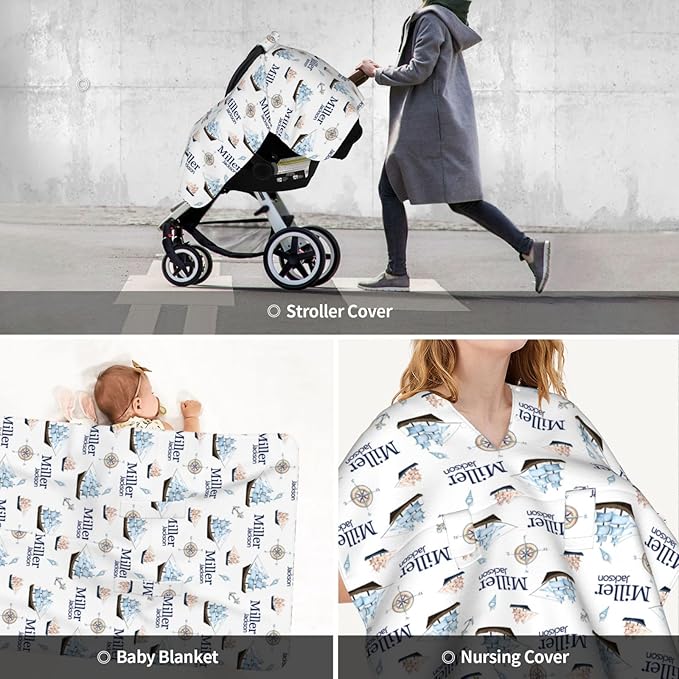 Personalized Baby Car Seat Canopy for Babies, Custom Name Baby Car Seats Covers for Boys, Opening Minky Nursing Breastfeeding Cover for Infant, Carseat Canopies for Newborn (Nautical Ship)