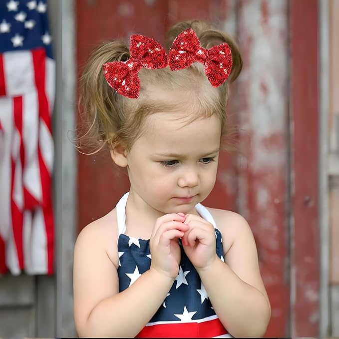 Red Sequin Hair Bows for Girls Blue Star Sparkly Alligator Clips 4th of July Glitter Hair Accessories for Little Teen Toddler Girls Kids Gift