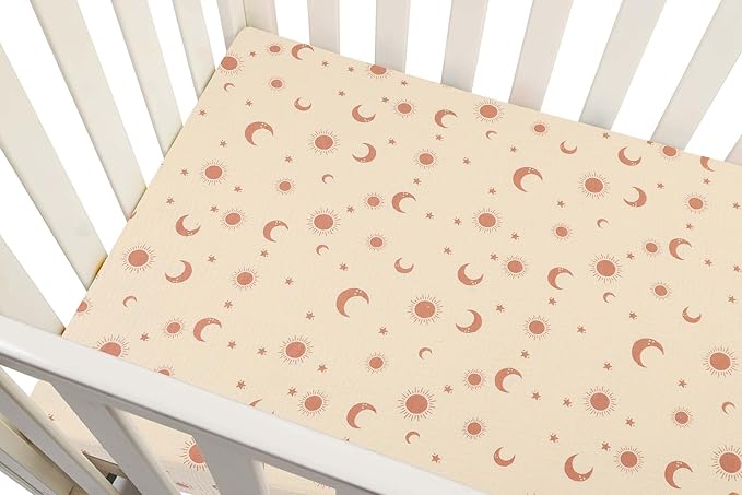 Onacosht Muslin Mini Crib Sheets, 39" x 27" Pack and Play Mattress Sheets Fitted for Pack N Play, Soft Cotton for Boys Girls, 2 Pack, Light Brown and Moon
