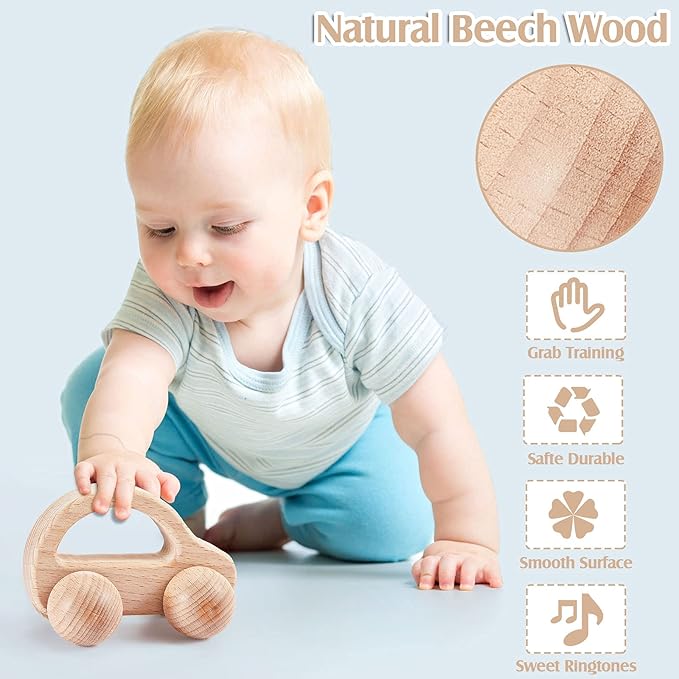 Zhanmai 5 Pieces Wooden Baby Toys Montessori Toys for Babies 0-6-12 Months Toy Rattles with Bells Baby Push Car Wooden Newborn Toy for Toddlers 1-3 Years Old Infant Boys and Girls Gifts