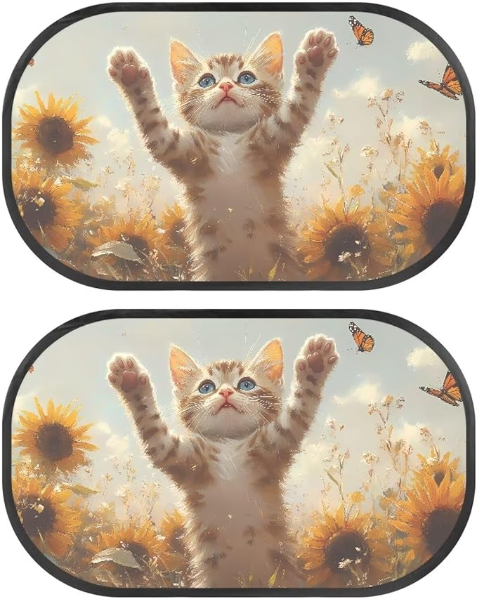 Bulopur Cute Cat Car Sun Shade 2 Pack Car Window Shades for Baby Cute Design UV Protection Breathable Easy to Install Car Decor Accessories Fit Most Car, Truck, SUV, or Van