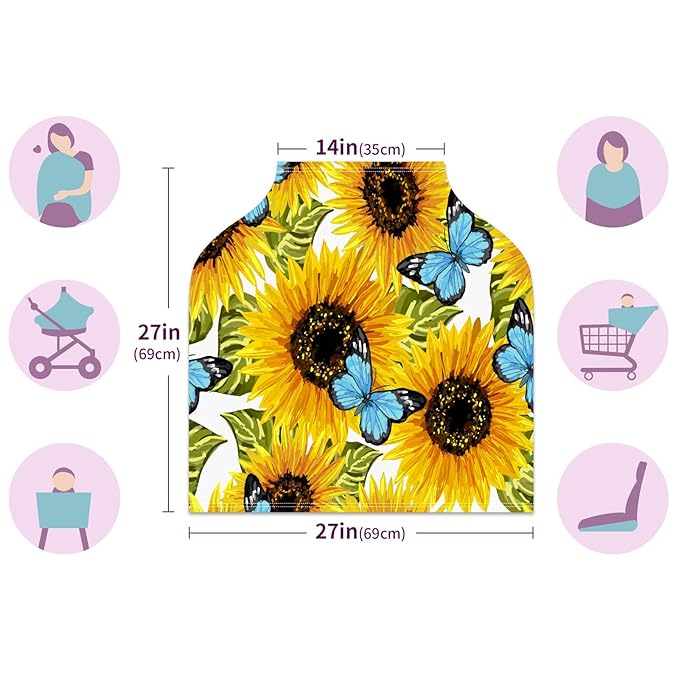 Baby Car Seat Stroller Covers Sunflower and Butterfly Nursing Cover Breastfeeding Scarf Soft Breathable Stretchy Infant Car Canopy Coverage Carseat Cover for Boys and Girls Multi Use