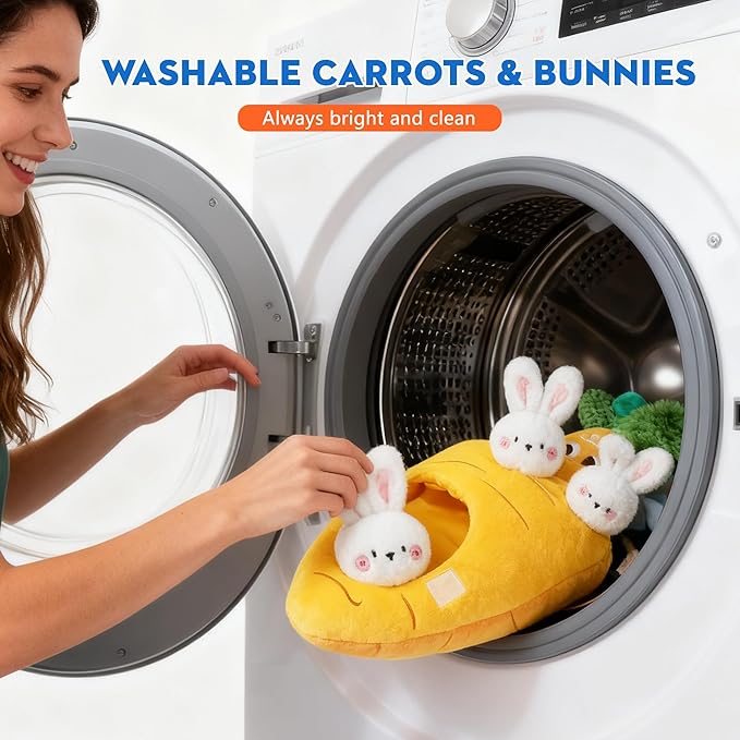 Sensory Carrot House Toy for Babies - Plush Montessori Toy with Mirror, 3 Bunny Rattles & Pull-Out Carrot, Crinkle Leaf, Fine Motor Skills Development, Washable
