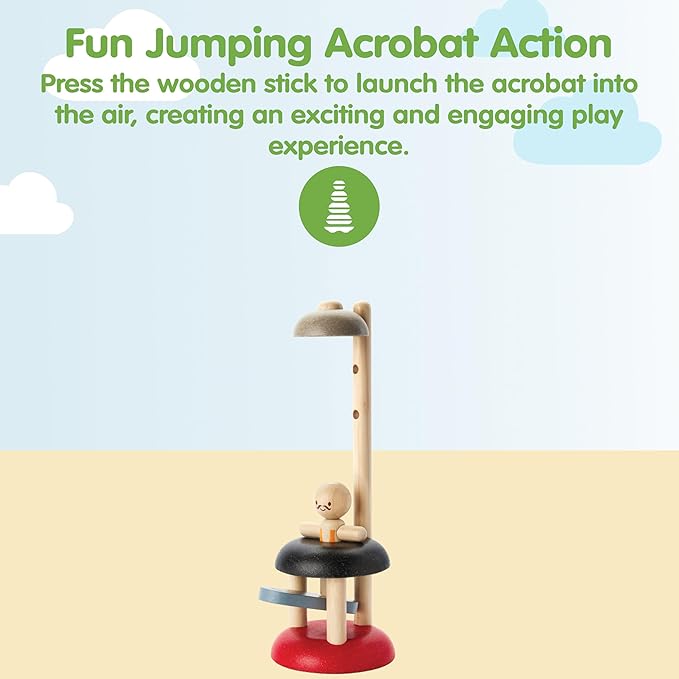 PlanToys® Wooden Jumping Acrobat Toy | Montessori Inspired Cause & Effect Toy for Force Control, Coordination & Reaction Play | Eco Friendly Push & Jump Learning Activity