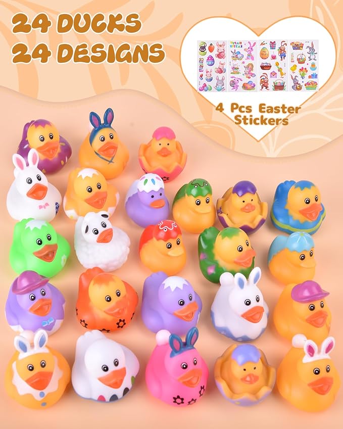 24 Pcs Easter Rubber Ducks, Assortment Duckies in Bulk for Ducking, Mini Rubber Duckies for Kids Baby Bath Pool Toys, Floater Duck Easter Basket Stuffers and Party Favors