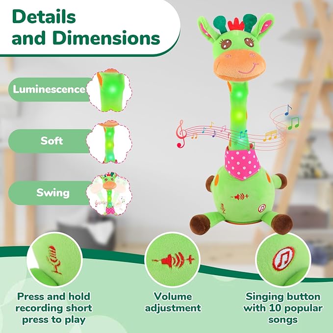 Dancing Giraffe Musical Plush Toy, Recording & Repeating Talking Giraffe Baby Toy for 6–12 Months, Interactive Singing Stuffed Animal, Birthday Gift for Grandkids Infants Toddlers(Green)