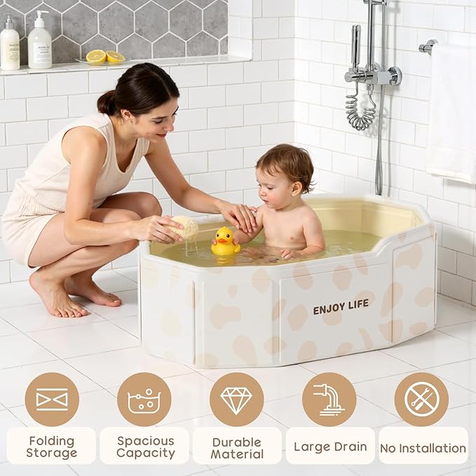 Foldable Baby Bath, Collapsible Baby Bathtub 3M-8Y, Portable Travel Baby Bath Tub with Non-Slip Base, Pop Up Folding Newborn Toddler Shower Tub, Space Saving, White
