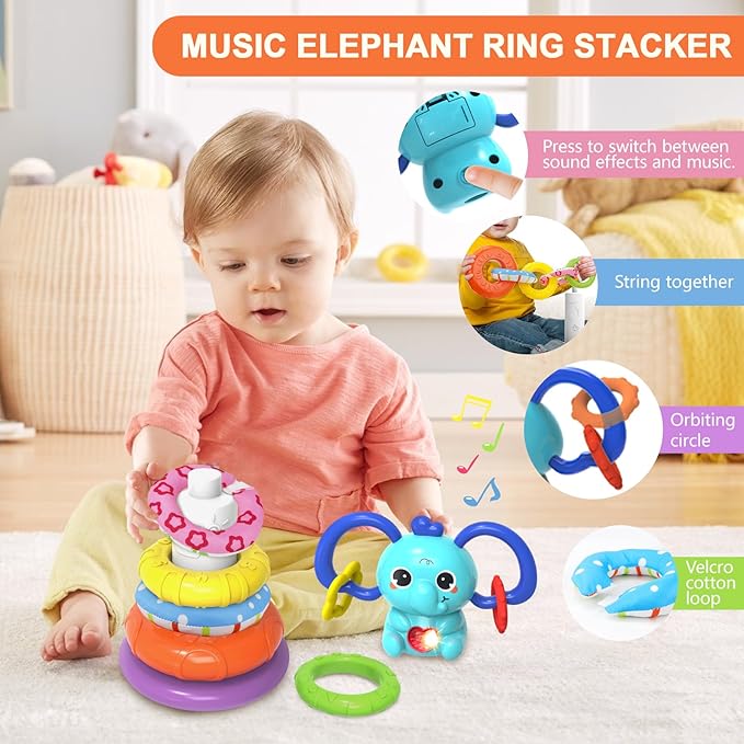 4 in 1 Baby Toys 6 to 12 Months,Learning Toys for Babies 6 12 18 Months, Infant Toys Stacking Rings,Busy Cube,Spinner Toys,Tissue Box Toy,Sensory Educational Gift for Toddlers Aged 1-3