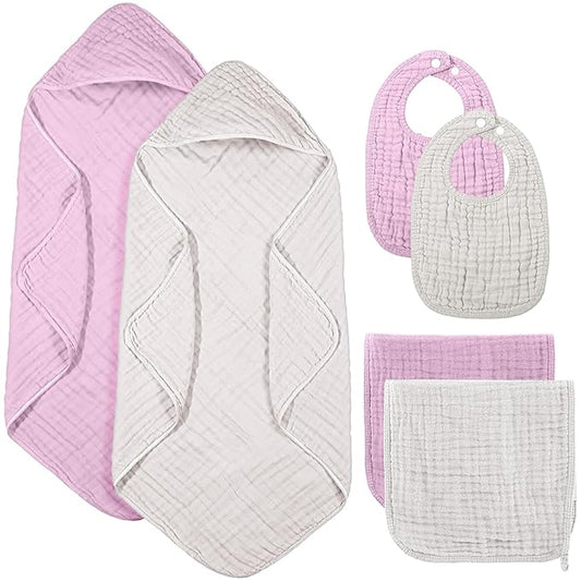 Hahafelt 6 Pcs Muslin Hooded Bath Towels Washcloths and Bibs Set, Muslin Cotton Baby Towels Absorbent Hooded Blanket Towel Infant Bibs for Boys Girls Newborn Infant Essential(White, Pink)