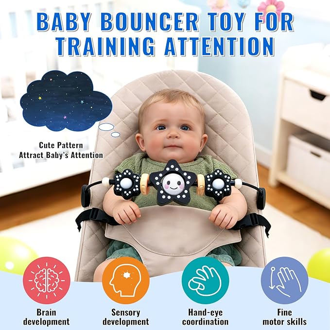 THE KENKYO Baby Bouncer Toy Bar Compatible with Baby Bjorn, Wooden Bouncer Toy Bar Attachment for Girls Boys, Funny Sensory Toy for Newborn to Toddler, Easy to Attach and Remove (Black)