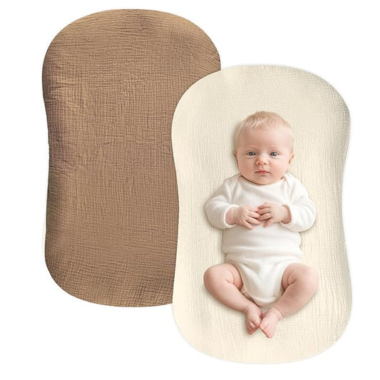Hooyax Muslin Baby Lounger Cover 2 Pack - 100% Breathable Cotton Soft Infant Lounger Covers, Fits Most Standard Newborn Loungers & Pillows (Brown, Wheat)