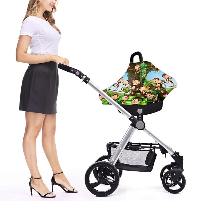 Baby Car Seat Stroller Covers Forest Cute Monkeys Nursing Cover Breastfeeding Scarf Soft Breathable Stretchy Infant Car Canopy Coverage Carseat Cover for Boys and Girls Multi Use