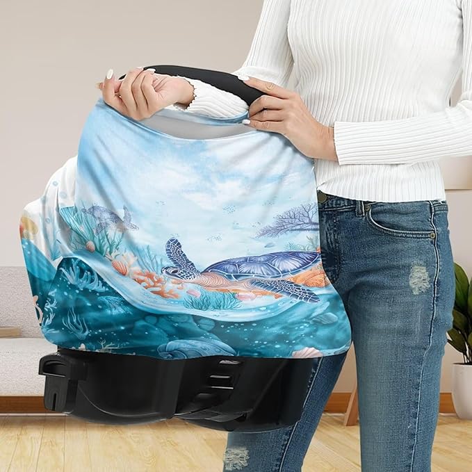 AFPANQZ Sea Turtle Stretchy Baby Car Seat Covers for Boys Girls Baby Car Canopy Warm Breathable Windproof Open Peep Top Universal Fit Lightweight Travel Outdoors Use