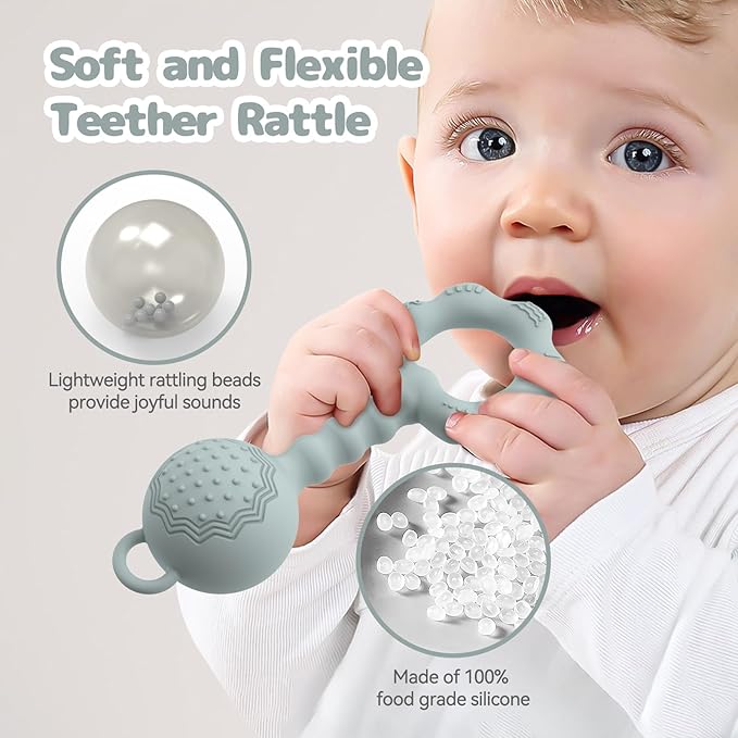 Teethers for Babies 0-6 Months, Rattles for Babies 6-12 Months, 2-in-1 Rattle and Teether Toy for Soothing Sore Gums and Keeps Little Ones Entertained, Food Grade Silicone, Gray