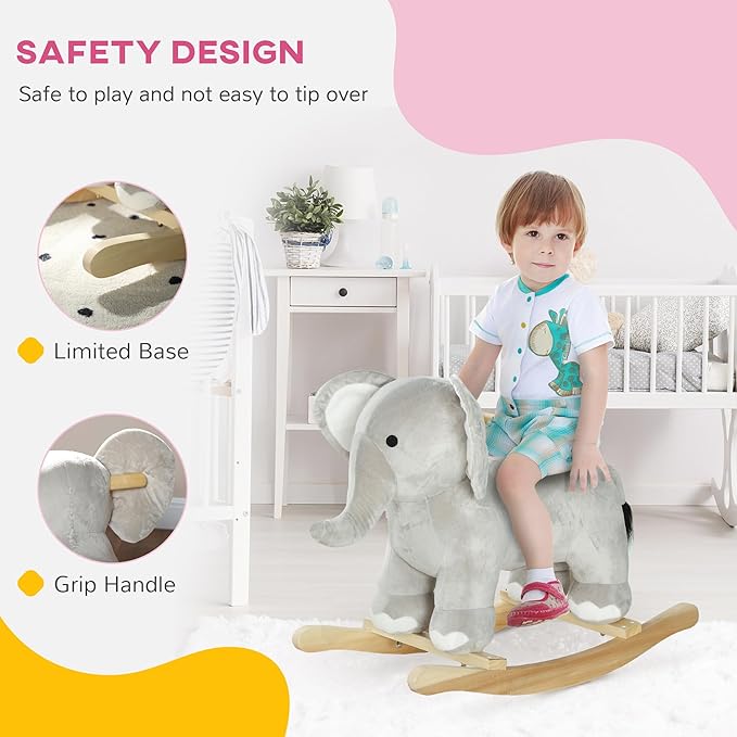 Qaba Rocking Horse, Kids Rocking Animal, Elephant Rocker with Realistic Sounds, Plush Ride on Toy for Years 2-4, Gray