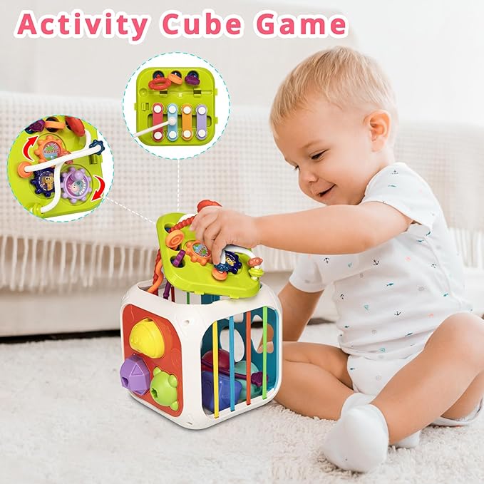 Aprilwolf Montessori Toys for Toddlers, 7-in-1 Activity Cube, Shape Sorter Toy| Baby Developmental Learning Toys| First Birthday Gifts