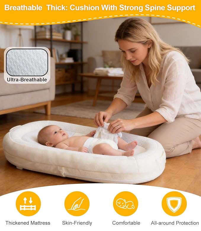 Baby Lounger, Portable Infant Support Cushions for Newborn 0-24 Months, Soft Washable Baby Nest with Thickened Support, Newborn Baby Essentials Gift for Home and Travel, Supervised Use