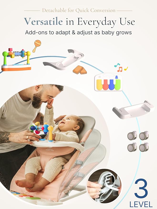 CuddoBaby Baby Bouncer 4-in-1 on Wheels |Detachable Pianos, Feeding Tray| 3-Level Recline Foldable Seat with Play Bar for Infant to Toddler 0-6, 0-12, 12-24 Months, Boy Gift Idea - Blue